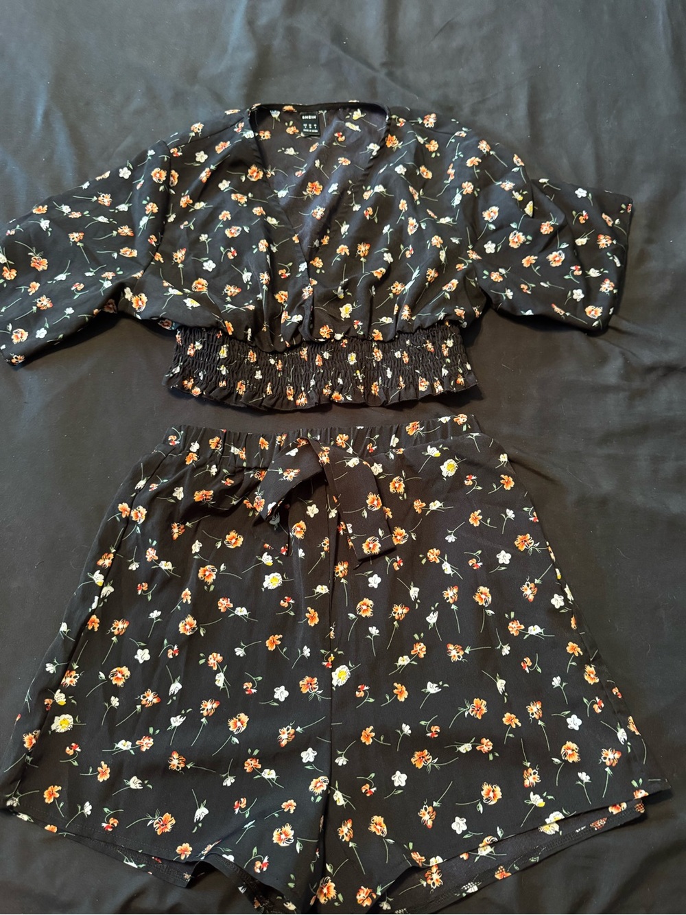 SHEIN Black Floral Two-Piece Set with Orange & White Blooms